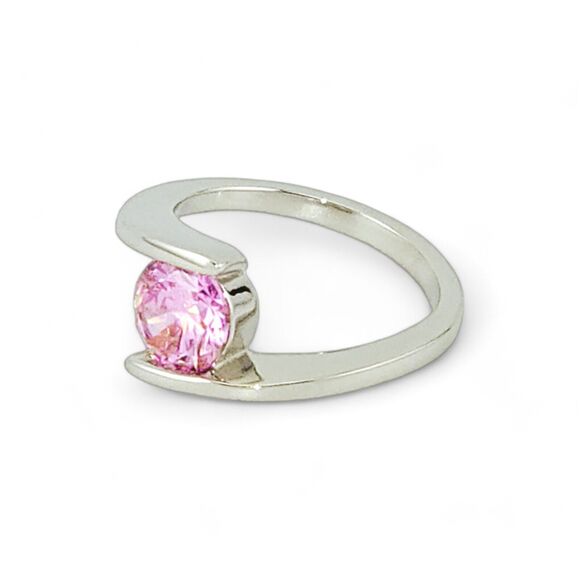 Sterling Silver 925 Round Bezel Pink CZ Ring - Picture 3 of 5